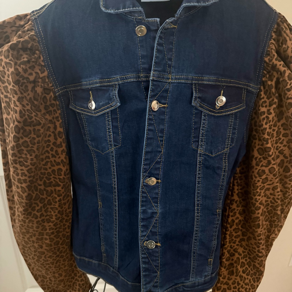 Women's Blue Jean Jacket With Leopard Print Sleeves